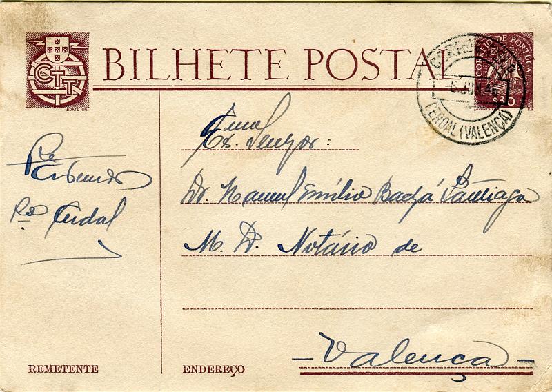 1399.jpg -     Lote:    1399            Portugal       Descrição:         Carimbos circulares datados. 1941 &mdash; Caravela. OM94, $30 ocre-castanho. Circulado com carimbo batido a preto "CERDAL (VALENÇA)". R e B.        IC       Valor Base:     &euro; 6,00     Valor Venda:     &euro; 6,00       