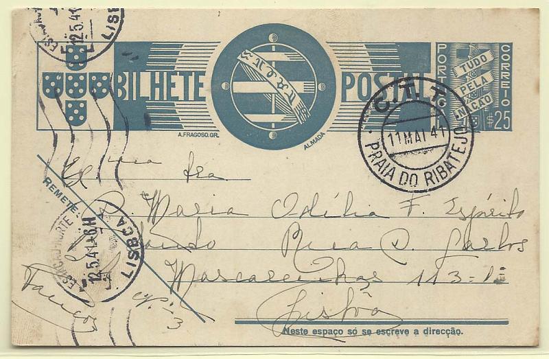 1403.jpg -     Lote:    1403            Portugal       Descrição:         Carimbos circulares datados tipo 1942. Inteiro postal de $25 tipo Tudo pela Nação circulado da Praia do Ribatejo (11.05.41) para Lisboa. Carimbo batido a preto "PRAIA DO RIBATEJO".        IC       Valor Base:     &euro; 8,00     Valor Venda:     Retirado     