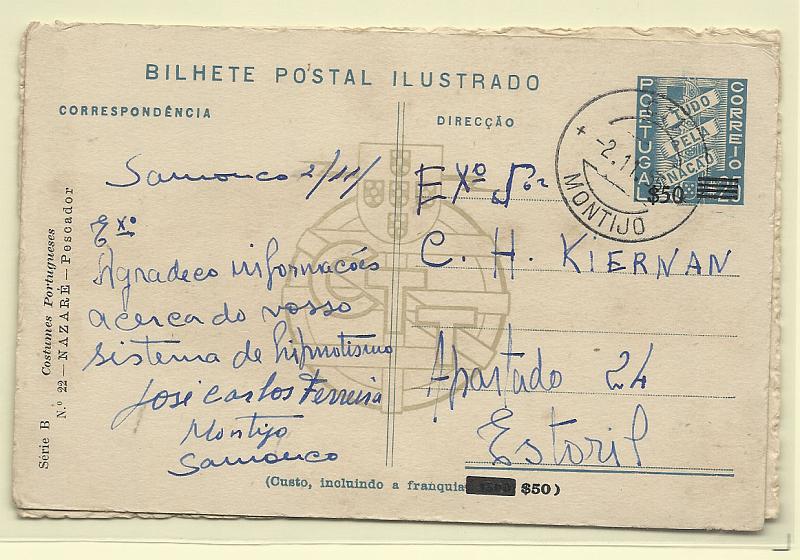 1405.jpg -     Lote:    1405            Portugal       Descrição:         Carimbos circulares datados. Lote de dois inteiros postais 2Tudo pela Nação", Série B, OM92 (22) e OM125 (), com marcas batidas a preto de "PAREDES DE COURA" e "MONTIJO".        Lote       Valor Base:     &euro; 10,00     Valor Venda:     Retirado     