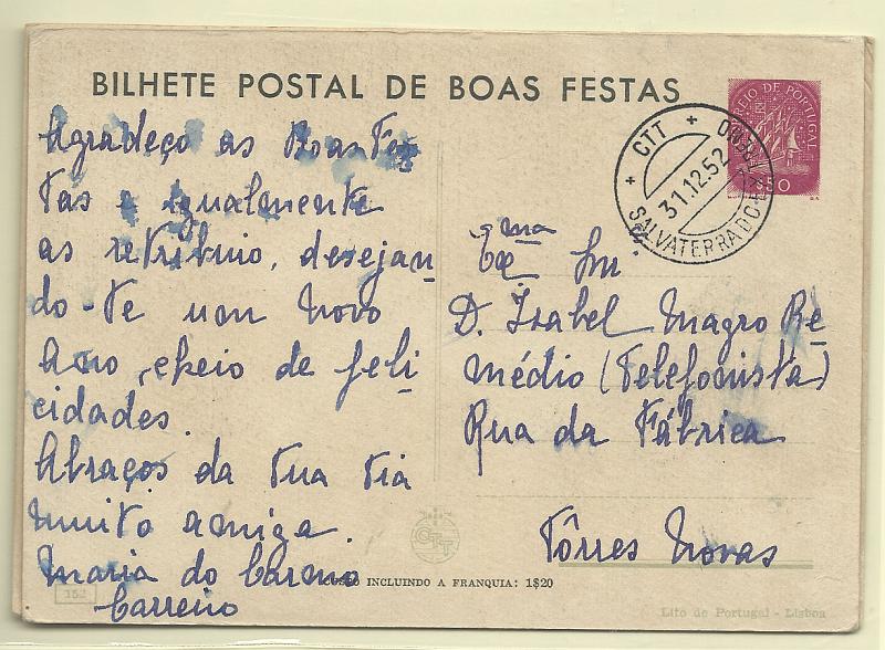 1406.jpg -     Lote:    1406            Portugal       Descrição:         Carimbos circulares datados. Lote de dois inteiros postais OM120 (152) + OM128 (F 10) com marcas batidas a preto de "VIMEIRO" e "SALVATERRA DO EXTREMO".        IC       Valor Base:     &euro; 10,00     Valor Venda:     Retirado     