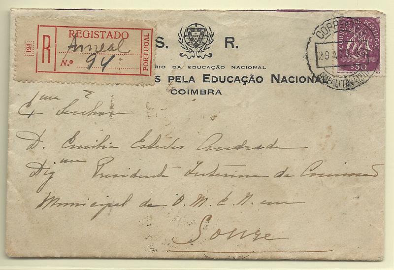 1407.jpg -     Lote:    1407            Portugal       Descrição:         Carimbos circulares datados tipo 1880. 1943 &mdash; Caravela. Sobrescrito circulado registado de Ameal (29.08.43) para Soure (30.08.43) com selo de $50, para pagamento do porte de registo, estando isento da franquia ordinária (Serviço Oficial). Carimbo batido a preto de "AMEAL (TAVEIRO).        Carta       Valor Base:     &euro; 10,00     Valor Venda:     &euro; 18,00       