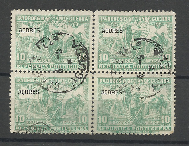 1412.jpg -     Lote:    1412            Portugal       Descrição:         Carimbos tipo francês. 1925 &mdash; Padrões da Grande Guerra, com sobrecarga AÇORES. CE IP10, 10c verde. Quadra usada como selos de recurso no Continente, obliterada com carimbo batido a preto de "AGUEDA".        O       Valor Base:     &euro; 8,00     Valor Venda:     Retirado     