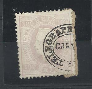 1413.jpg -     Lote:    1413            Portugal       Descrição:         Carimbos da telegrafia eléctrica. 1870/76 &mdash; D. Luís I, fita direita. CE43, 100 reis, papel porcelana, denteado 12 &frac12;, obliterado com carimbo batido a preto "TELEGRAPHIA ELECTRICA / CRATO".        O       Valor Base:     &euro; 15,00     Valor Venda:     &euro; 26,00       