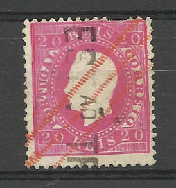 1414.jpg -     Lote:    1414            Portugal       Descrição:         Carimbos da telegrafia eléctrica. 1884 &mdash; D. Luís I, fita direita. Nova cor e valor. CE66, 20 reis carmim, denteado 12 &frac12;, (dois dentes curtos) obliterado com carimbo linear EST.ÃO TEL. + roullettes a vermelho.        O       Valor Base:     &euro; 10,00     Valor Venda:     Retirado     