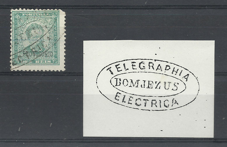 1419.jpg -     Lote:    1419            Portugal       Descrição:         Carimbos da telegrafia eléctrica. 1892/93 &mdash; D. Luís I. Sobrecargas "PROVISÓRIO". CE81, 10 reis (dente curto) com carimbo oval batido a preto "TELEGRAPHIA / ELECTRICA / BOM JEZUS".        O       Valor Base:     &euro; 10,00     Valor Venda:     Retirado     