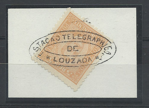 1425.jpg -     Lote:    1425            Portugal       Descrição:         Carimbos da telegrafia eléctrica. 1892/93 &mdash; D. Carlos I tipo Diogo Neto. Selo de 5 reis obliterado com carimbo batido a preto "ESTAÇÃO TELEGRAPHICA / DE / LOUZADA"."        O       Valor Base:     &euro; 10,00     Valor Venda:     Retirado     