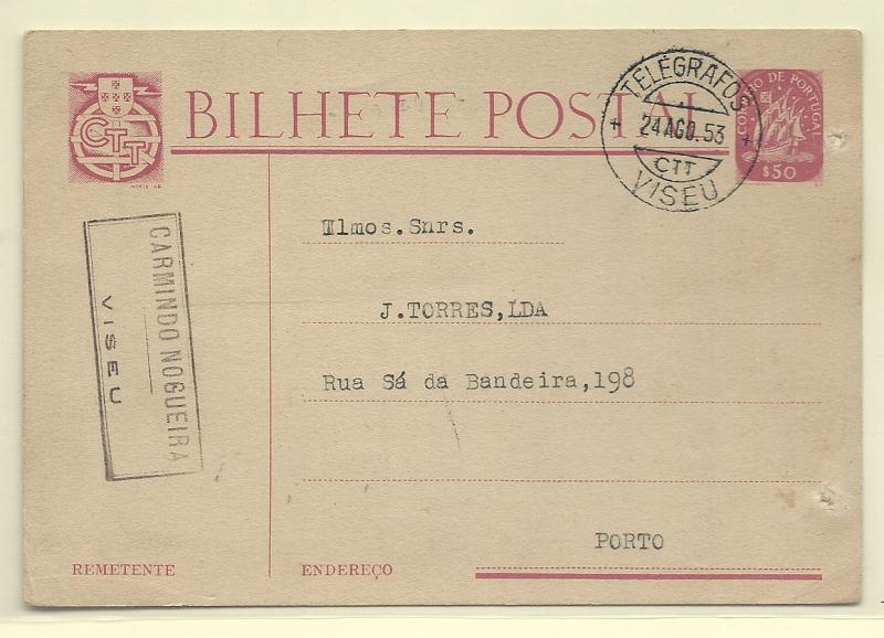 1429.jpg -     Lote:    1429            Portugal       Descrição:         Carimbos do telégrafo. 1949/50 &mdash; Caravela. OM116, $50. Circulado de Viseu (24.08.53) para o Porto. Carimbo batido a preto "TELEGRAFO / VISEU".        IC       Valor Base:     &euro; 10,00     Valor Venda:     &euro; 10,00       