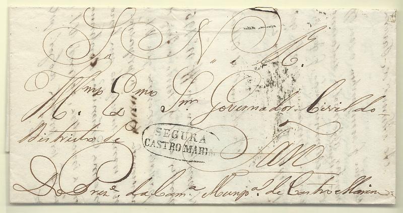 1430.jpg -     Lote:    1430            Portugal       Descrição:         Marcas de registo. Carta remetida isenta de porte de Castro Marim para Faro. Marca pré-filatélica oval, batida a preto "SEGURA / CASTRO MARIM".        Carta       Valor Base:     &euro; 100,00     Valor Venda:     &euro; 100,00       