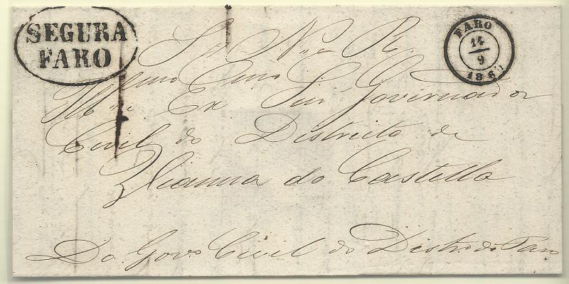 1431.jpg -     Lote:    1431            Portugal       Descrição:         Marcas de registo. Carta remetida de Faro (16.09.60) para Viana do Castelo, isento de porte. Marca pré-filatélica oval, batida a preto "SEGURA / FARO". MB e MR.        Carta       Valor Base:     &euro; 150,00     Valor Venda:     &euro; 150,00       