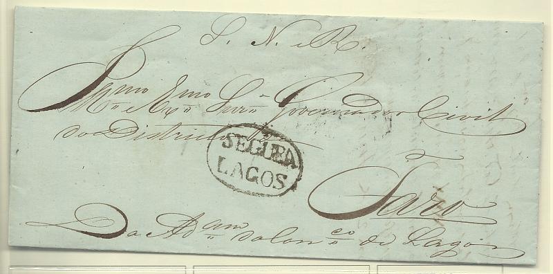 1432.jpg -     Lote:    1432            Portugal       Descrição:         Marcas de registo. Carta remetida isenta de porte de Lagos (20.02.1859) para Lagos. Marca pré-filatélica oval, batida a preto "SEGURA / LAGOS".        Carta       Valor Base:     &euro; 150,00     Valor Venda:     &euro; 150,00       