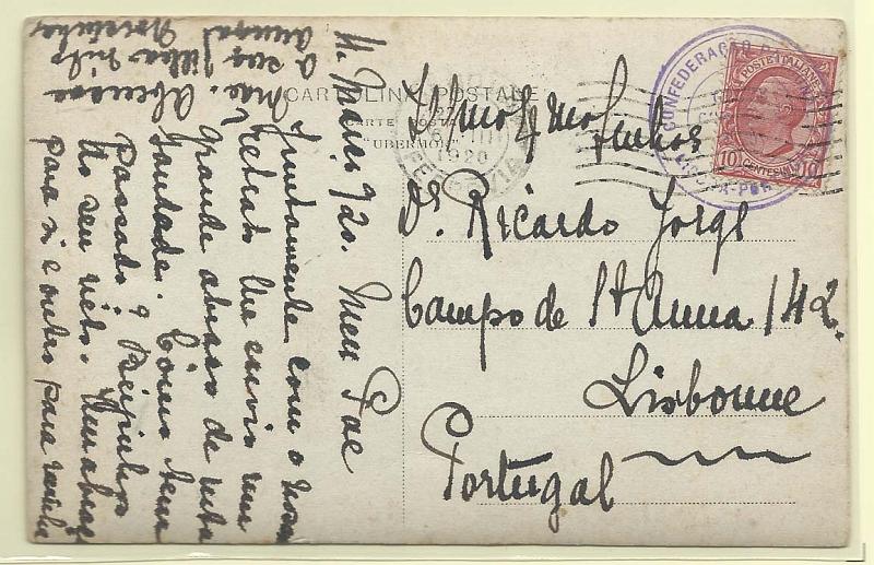 1435.jpg -     Lote:    1435            Portugal       Descrição:         Carimbos da Greve dos Correios de 1920. Postal ilustrado circulado de Itália (06.03.1920) para Lisboa. Marca de chegada batida a violeta "CONFEDERAÇÃO PATRONAL / GREVE / CORREIOS / 1920 / LISBOA &mdash; PORTUGAL". MB.        PI       Valor Base:     &euro; 100,00     Valor Venda:     Retirado     