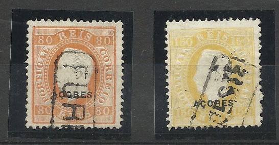 1439.jpg -     Lote:    1439            Açores       Descrição:         Carimbos nominativos. 1882/84 &mdash; D. Luís I. Fita direita. Lote de dois selos de 80 reis e 150 reis CE41 e 44 obliterados com carimbos de FURNAS e NORDESTE. Valor de catálogo dos selos &euro; 150,00.        O       Valor Base:     &euro; 20,00     Valor Venda:     Retirado     