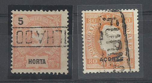 1440.jpg -     Lote:    1440            Açores       Descrição:         Carimbos nominativos. Lote com dois selos CE41, denteado 13 &frac12; dos Açores com carimbo a preto FURNAS e CE14 da Horta com carimbo a preto "ILHA DO PICO".        O       Valor Base:     &euro; 8,00     Valor Venda:     Retirado     