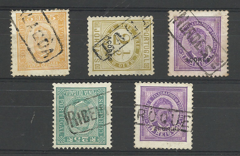 1441.jpg -     Lote:    1441            Açores       Descrição:         Carimbos nominativos. Lote de 5 selos de diversas emissões com marcas nominativas batidas a preto "ALAGOA", "LAGE", "NORDESTE", "RIBEIRA GRANDE" e "S. ROQUE".        Lote       Valor Base:     &euro; 10,00     Valor Venda:     Retirado     