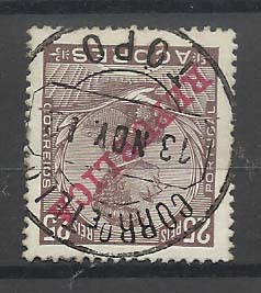 1443.jpg -     Lote:    1443            Açores       Descrição:         Carimbos circulares datados tipo 1880. 1910 &mdash; D. Manuel II com sobrecarga REPUBLICA. Selo de 25 reis com carimbo batido a preto "TOPO".        O       Valor Base:     &euro; 8,00     Valor Venda:     &euro; 10,00       
