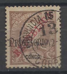 1445.jpg -     Lote:    1445            Angola       Descrição:         Carimbos numéricos volantes. 1915 &mdash; D. Carlos Mouchon, com sobrecarga REPUBLICA. CE130, 15 reis castanho. Obliterado com numérico "13".        O       Valor Base:     &euro; 5,00     Valor Venda:     &euro; 6,00       