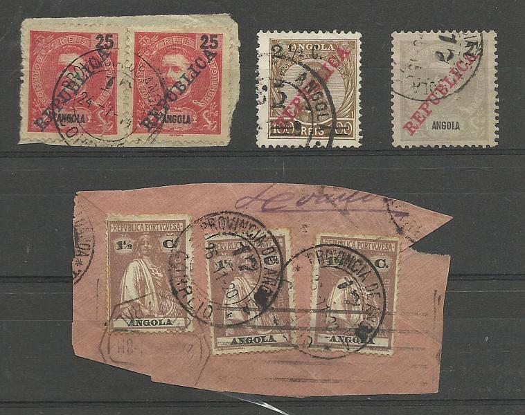 1451.jpg -     Lote:    1451            Angola       Descrição:         Angola. Carimbos numéricos volantes. Lote composto por fragmento com dois selos de 25 reis carmim D. Carlos I Mouchon com carimbo n.º 10, fragmento com 3 selos Ceres de 1 &frac12; c obliterados com carimbo n.º 17, mais dois selos com carimbos n.º 35 e 17..        Lote       Valor Base:     &euro; 15,00     Valor Venda:     Retirado     