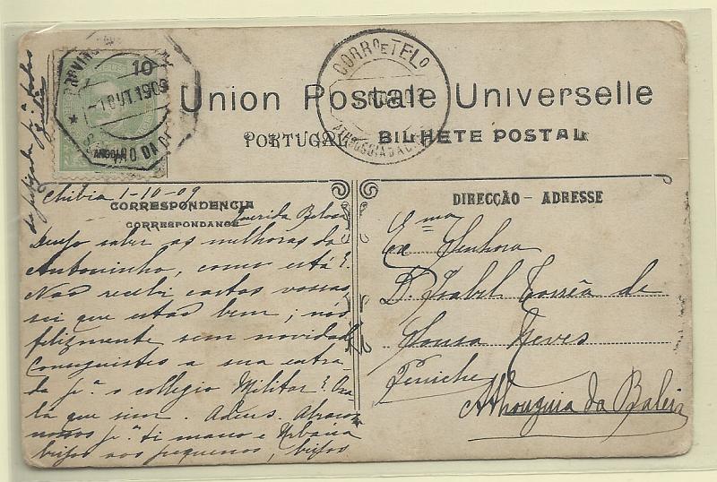 1452.jpg -     Lote:    1452            Angola       Descrição:         Carimbos octogonais. 1898 &mdash; D. Carlos I Mouchon. CE40, 10 reis verde em postal ilustrado circulado de S. Pedro da Chibia (01.10.09) para Atouguia da Baleia. Carimbo batido a preto de "S. PEDRO DA CHIBIA".        PI       Valor Base:     &euro; 20,00     Valor Venda:     Retirado     