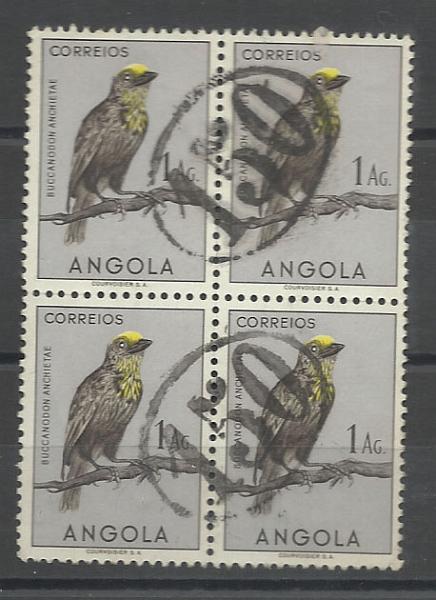 1453.jpg -     Lote:    1453            Angola       Descrição:         Carimbos numéricos ovais. 1951 &mdash; Aves de Angola. CE331 1Ag. Quadra obliterada com carimbo batido a preto "150".        O       Valor Base:     &euro; 5,00     Valor Venda:     Retirado     