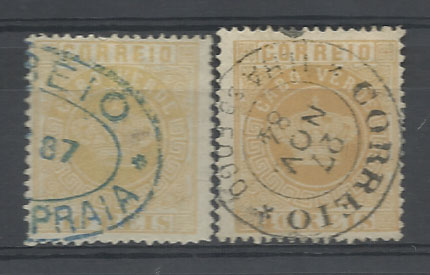 1456.jpg -     Lote:    1456            Cabo Verde       Descrição:         Carimbos circulares datados e dupla oval. 1877/85 &mdash; Tipo Coroa. Lote de dois selos de 10 e 40 reis CE2 e 13, obliterados respectivamente com carimbo de dupla oval a azul "CORREIO / CIDADE DA PRAIA" e circular datado a preto "CORREIO / ILHA DO FOGO". MB.        O       Valor Base:     &euro; 8,00     Valor Venda:     &euro; 8,00       