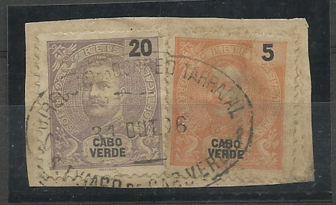 1457.jpg -     Lote:    1457            Cabo Verde       Descrição:         Carimbos ovais. Fragmento com selos de 5 e 20 reis D. Carlos I Mouchon, obliterados com carimbo batido a preto "CORREIO DO TARRAFAL / S. THIAGO DE CABO VERDE".        FRG       Valor Base:     &euro; 6,00     Valor Venda:     &euro; 6,00       