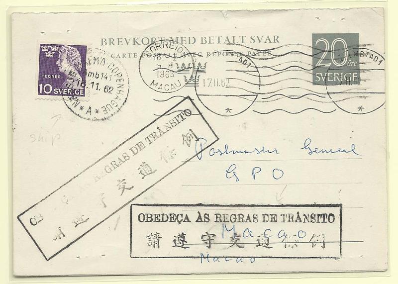 1460.jpg -     Lote:    1460            Macau       Descrição:         Marcas administrativas. Inteiro postal da Suécia circulado com adicional para Macau. Carimbo rectangular batido a preto "OBEDEÇA ÀS REGRAS DE TRÂNSITO + tradução para a versão nativa". Raro.        IC       Valor Base:     &euro; 50,00     Valor Venda:     Retirado     