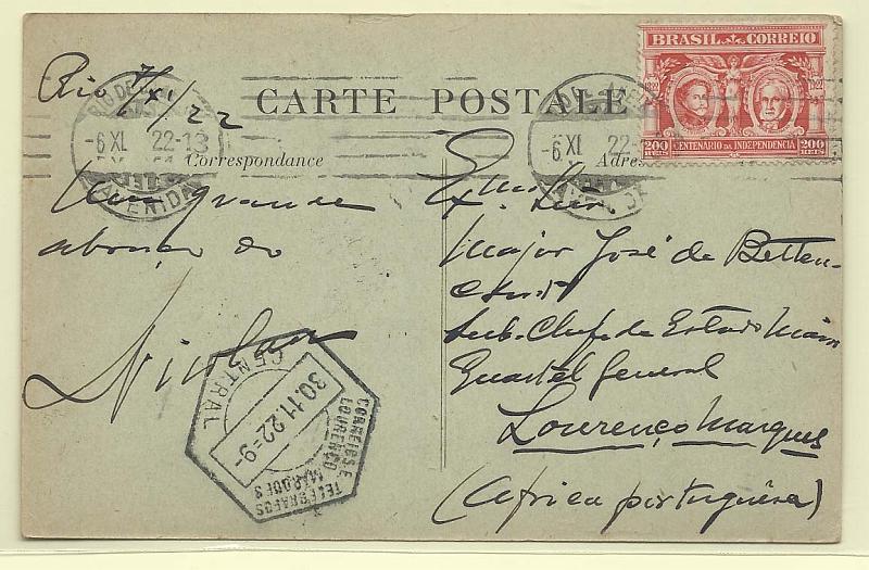1466.jpg -     Lote:    1466            Moçambique       Descrição:         Carimbos hexagonais. Postal ilustrado circulado do Rio de Janeiro (06.11.22) para L. Marques "30.11.22). Carimbo batido a preto "CORREIOS E TELEGRAFOS / LOURENÇO MARQUES / CENTRAL.        PI       Valor Base:     &euro; 8,00     Valor Venda:     Retirado     