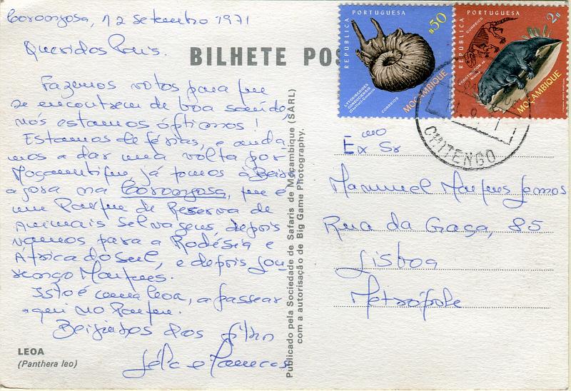 1476.jpg -     Lote:    1476            Moçambique       Descrição:         Carimbos circulares datados. 1971 &mdash; Mineralogia. Postal ilustrado circulado de Chitengo (14.09.71) para Lisboa com selos de $50 e 2$00 CE519 e 522. Carimbo batido a preto "CHITENGO".        PI       Valor Base:     &euro; 10,00     Valor Venda:     &euro; 10,00       
