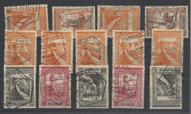 1479.jpg -     Lote:    1479            Moçambique       Descrição:         Carimbos hexagonais. 1938 &mdash; Império Colonial Português. Lote composto por 14 selos de diversas taxas obliterados com carimbo na maioria batidos a preto de: Angoche, Gurué, Ile, Inharrime, Magude, Macia, Chinde, Chibuto, Nampula, Nacala, Manjacaze, Vila Gouveia, Damba e Lumbo.        Lote       Valor Base:     &euro; 15,00     Valor Venda:     &euro; 15,00       