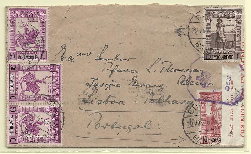 1483.jpg -     Lote:    1483            Moçambique       Descrição:         Carimbos circulares metálicos. 1938 &mdash; Império Colonial Português. Carta circulada de Bandula (22.06.43) para Lisboa (16.08.43) com selos de 10c, 15c, e 3x50c. Carimbo batido a preto BANDULA.        Carta       Valor Base:     &euro; 10,00     Valor Venda:     Retirado     