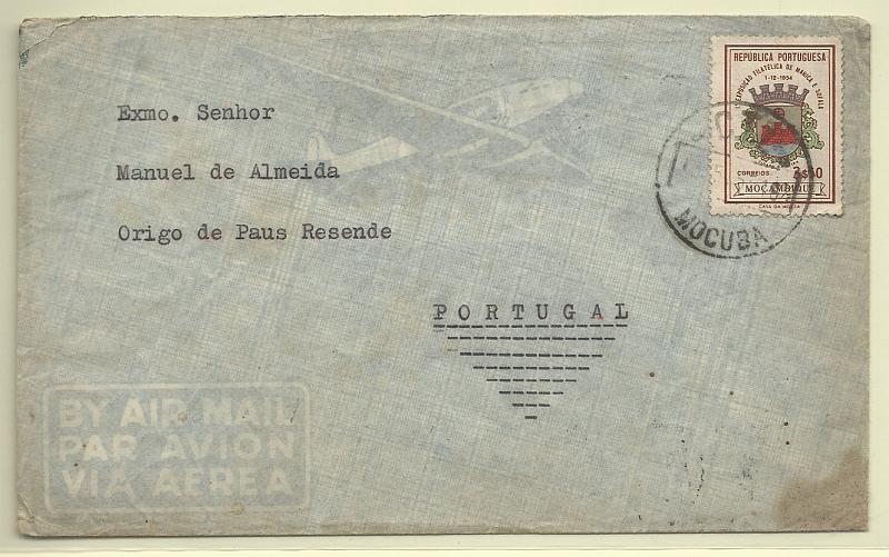 1486.jpg -     Lote:    1486            Moçambique       Descrição:         Carimbos circulares datados de metal. Sobrescrito circulado de Mocuba  para Resende (17.05.55) com selo de 3$50 CE421. Carimbo batido a preto "C.T.T. / MOCUBA".        Carta       Valor Base:     &euro; 12,00     Valor Venda:     Retirado     