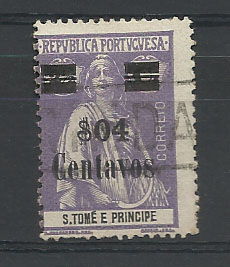 1491.jpg -     Lote:    1491            S. Tomé e Príncipe       Descrição:         Carimbos nominativos. 1919 &mdash; Ceres, com sobretaxa. CE 234, $04 s/ 2 &frac12; c violeta, obliterado com carimbo linear "TRINDADE".        O       Valor Base:     &euro; 15,00     Valor Venda:     &euro; 15,00       