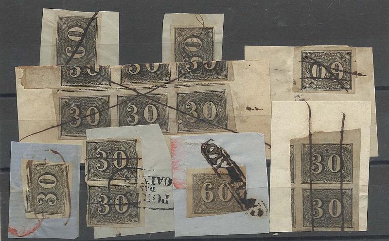 1567.jpg -     Lote:    1567                   Descrição:         Brasil. 1850/66 &mdash; Oito fragmentos com selos "Petits Chifres" dos valores de 30 e 60 reis (Yvert 13/14). Obliterações nominativas e à pena.         Lote       Valor Base:     &euro; 30,00     Valor Venda:     Retirado     