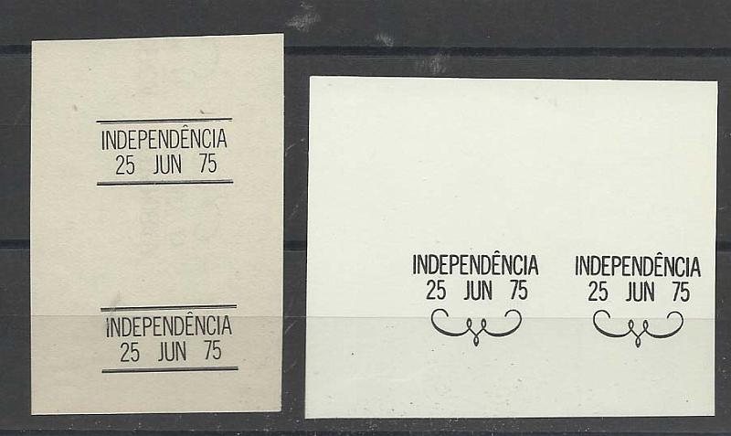 1576.jpg -     Lote:    1576                   Descrição:         Moçambique * Palops. 1975 &mdash; Independência. Lote de dois pares de provas a preto da sobrecarga.        PRV       Valor Base:     &euro; 10,00     Valor Venda:     Retirado     