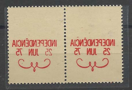 1577.jpg -     Lote:    1577                   Descrição:         Moçambique * Palops. 1975 &mdash; Independência. AR18, 20$00. Par horizontal com impressão da sobrecarga a vermelho no verso.        ***       Valor Base:     &euro; 10,00     Valor Venda:     Retirado     