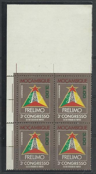 1583.jpg -     Lote:    1583                   Descrição:         Moçambique * Palops. 1977 &mdash; Insígnia do 3.º Congresso da Frelimo. AR56, 3$00. Quadra com prova de cor, denteada.        PRV       Valor Base:     &euro; 15,00     Valor Venda:     Retirado     