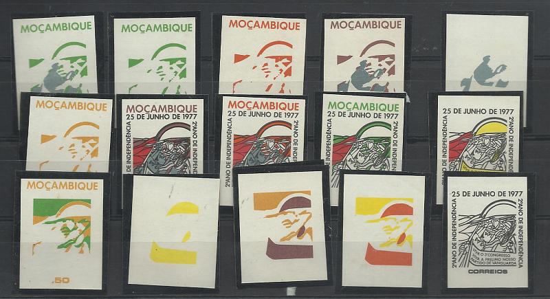 1590.jpg -     Lote:    1590                   Descrição:         Moçambique * Palops. 1977 &mdash; 2.º Aniversário da Independência. AR62/65. Lote com 15 provas progressivas, não denteadas.        PRV       Valor Base:     &euro; 30,00     Valor Venda:     Retirado     