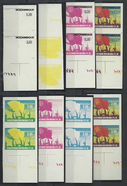 1591.jpg -     Lote:    1591                   Descrição:         Moçambique * Palops. 1976 &mdash; Dia das F. P. L. M.. AR43, 3$00. Lote com 8 provas progressivas e de cor, não denteadas.        PRV       Valor Base:     &euro; 15,00     Valor Venda:     Retirado     