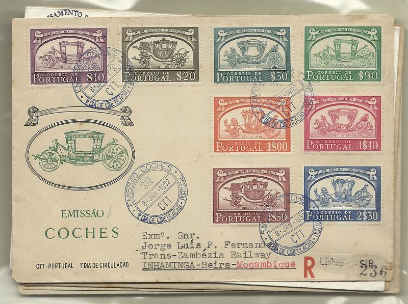1599.jpg -     Lote:    1599                   Descrição:         Portugal. Lote composto por 11 FDC's com séries completas das seguintes emissões: CE723/728, 74&frac14;8, 755/58, 759/762, 796/799, 827/830, 835/838, 854/57, 858/860, 863/868 e 1441/1446. Todos circulados registados para Moçambique.        Lote       Valor Base:     &euro; 35,00     Valor Venda:     &euro; 38,00       