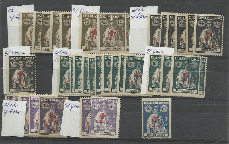 1625.jpg -     Lote:    1625                   Descrição:         Lourenço Marques. 1918 &mdash; Ceres com sobrecarga CRUZ VERMELHA. Lote composto por 53 selos CE159/63, 165, 167 e 170. Todos novos, alguns sem goma, cotados como usados. Valor aproximado de catálogo &euro; 200,00.        Lote       Valor Base:     &euro; 10,00     Valor Venda:     &euro; 44,00       