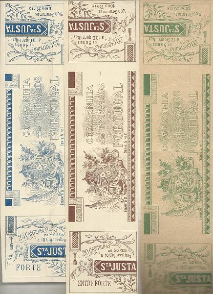 1647.jpg -     Lote:    1647                   Descrição:      Portugal.   Lote com 3 cintas da Companhia dos Tabacos, todas diferentes, marca "SANTA JUSTA".        Lote       Valor Base:     &euro; 5,00     Valor Venda:     &euro; 14,00       