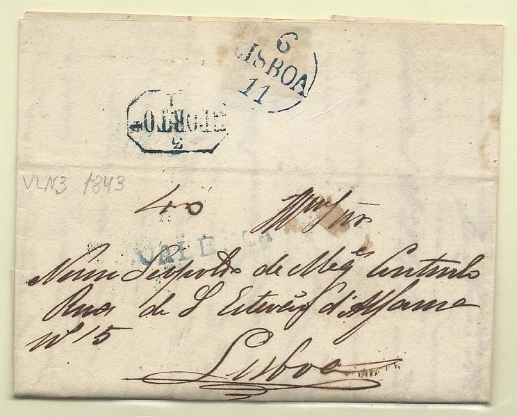 1674.jpg -     Lote:    1674      Lotes pelo Correio              Descrição:         Valença &mdash; A azul, GM VLN3, em carta datada de Valença (01.11.43) para Lisboa, com trânsito pelo Porto, com o porte manuscrito a sépia de 40 reis.        Carta       Valor Base:     &euro; 5,00     Valor Venda:     Retirado     
