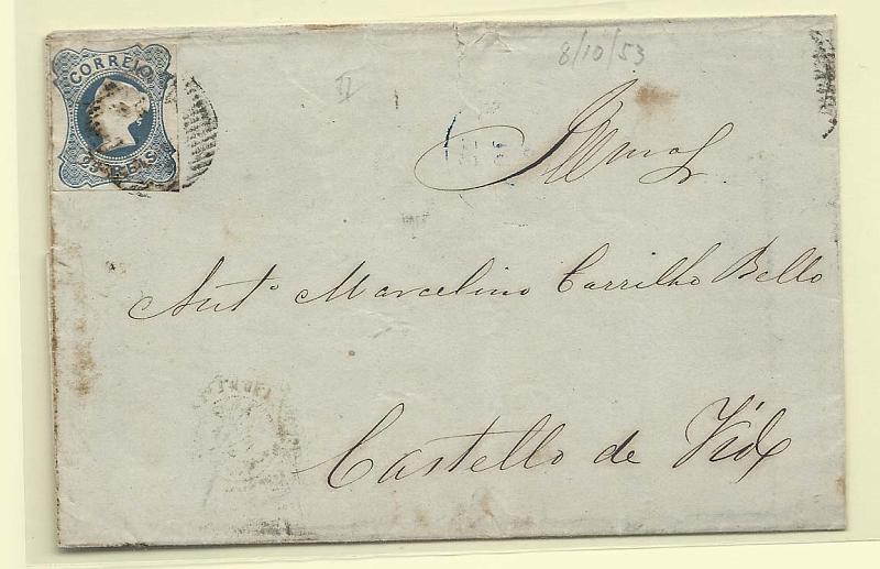 1690.jpg -     Lote:    1690      Lotes pelo Correio       Portugal       Descrição:         1853 &mdash; D. Maria II. CE2, 25 reis azul cunho II em capa de carta circulada para Castelo de Vide.        Carta       Valor Base:     &euro; 6,00     Valor Venda:     &euro; 6,00       