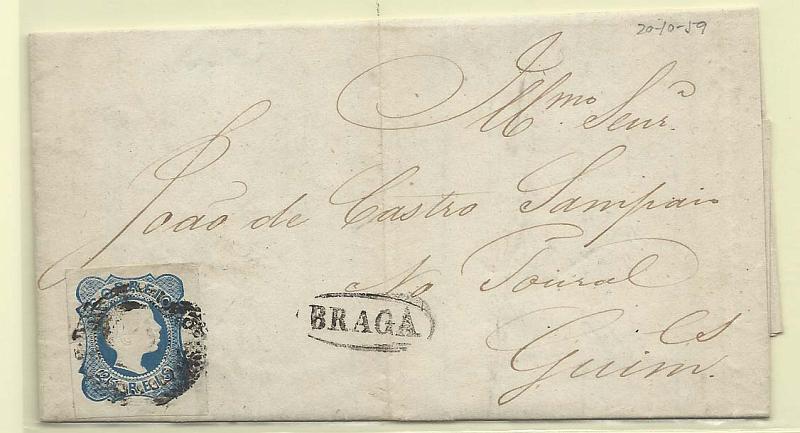 1693.jpg -     Lote:    1693      Lotes pelo Correio       Portugal       Descrição:         1856/58 &mdash; D. Pedro V. Cabelos lisos. CE7, 25 reis azul, cunho II (com margens muito largas), em carta circulada de Braga (20.10.59) para Guimarães, obliterados com carimbo de 20 barras "56" + nominativo BRAGA, batidos a preto.        Carta       Valor Base:     &euro; 10,00     Valor Venda:     &euro; 14,00       