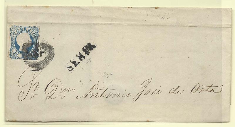 1694.jpg -     Lote:    1694      Lotes pelo Correio       Portugal       Descrição:         1856/58 &mdash; D. Pedro V. Cabelos anelados. CE12, 25 reis azul, cunho I, em capa de carta circulada de Serpa para Lisboa (01.09.57), obliterados com carimbo de 20 barras "204" + nominativo SERPA, batidos a preto.        Carta       Valor Base:     &euro; 10,00     Valor Venda:     Retirado     