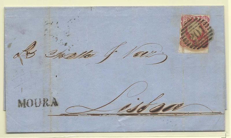 1695.jpg -     Lote:    1695      Lotes pelo Correio       Portugal       Descrição:         1856/58 &mdash; D. Pedro V. Cabelos anelados. CE13, 25 reis carmim, em carta circulada de Moura para Lisboa (24.02.59). Numérico "201" e nominativo "MOURA".        Carta       Valor Base:     &euro; 10,00     Valor Venda:     Retirado     