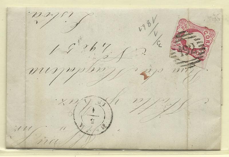 1698.jpg -     Lote:    1698      Lotes pelo Correio       Portugal       Descrição:         1856/58 &mdash; D. Pedro V. cabelos anelados. CE13, 25 reis carmim em carta circulada de Beja (03.01.61 para Lisboa (04.01.61). Carimbo numérico da 1.ª reforma "192"..        Carta       Valor Base:     &euro; 5,00     Valor Venda:     Retirado     