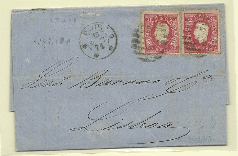 1703.jpg -     Lote:    1703      Lotes pelo Correio       Portugal       Descrição:         1870/76 &mdash; D. Luís I. Fita direita. CE40, 25 reis carmim, papel liso, denteado 12 &frac12;. Dois selos em carta remetida do Porto (13.10.71) para Lisboa (14.10.71). Duplo porte.        Carta       Valor Base:     &euro; 5,00     Valor Venda:     Retirado     