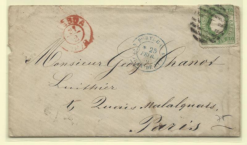 1705.jpg -     Lote:    1705      Lotes pelo Correio       Portugal       Descrição:         1870/76 &mdash; D. Luís I. Fita direita. CE41, 50 reis verde, denteado 12 &frac12; em carta circulada de Lisboa (21.02.78) para Paris (25.02.78).        Carta       Valor Base:     &euro; 10,00     Valor Venda:     Retirado     