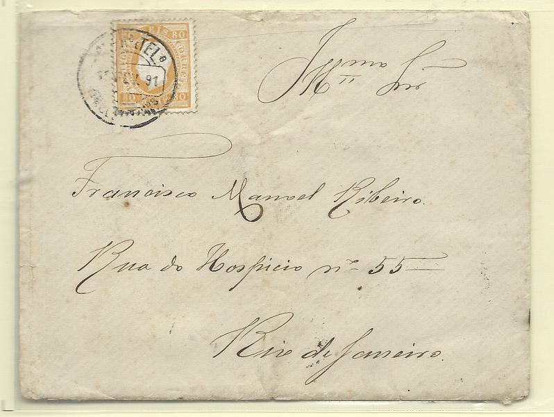 1706.jpg -     Lote:    1706      Lotes pelo Correio       Portugal       Descrição:         1870/76 &mdash; D. Luís I. Fita direita. CE42, 80 reis amarelo laranja, papel porcelana, denteado 12 &frac12;, em carta circulada de Chacim (18.02.91) para o Rio de Janeiro (12.03.91).        Carta       Valor Base:     &euro; 20,00     Valor Venda:     Retirado     